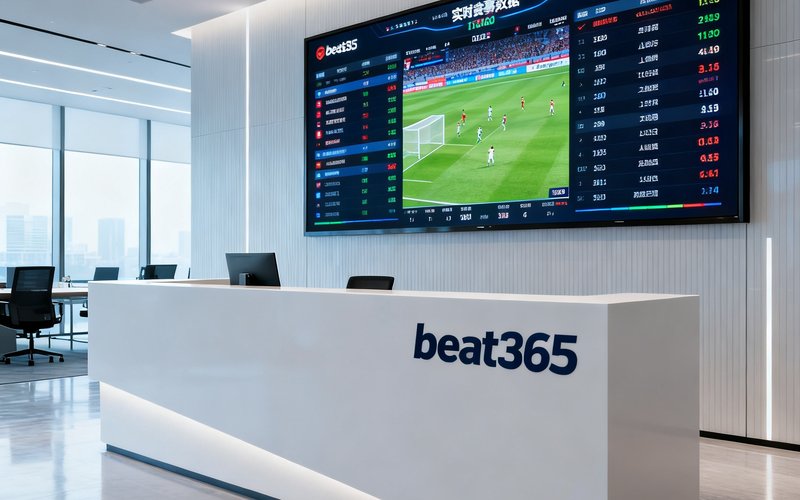 beat365上海办公室前台，背景墙显示实时赛事数据大屏